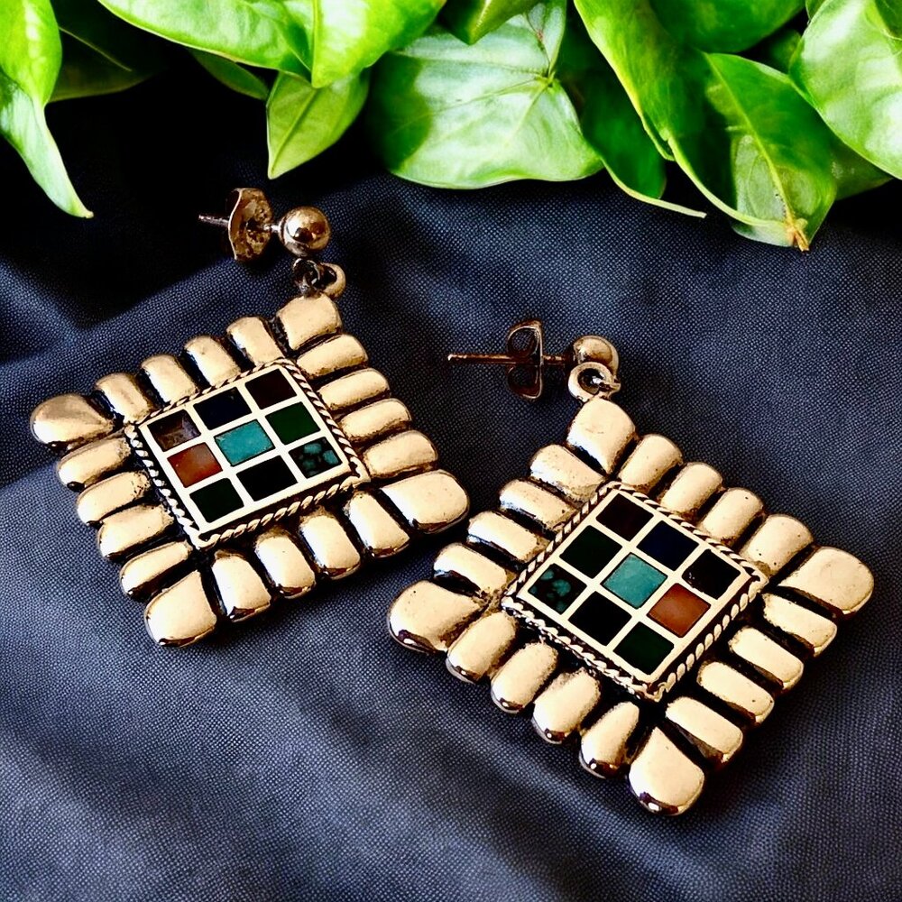 Teme Vintage Southwestern Native Sterling Silver Inlay Earrings Signed POSTS